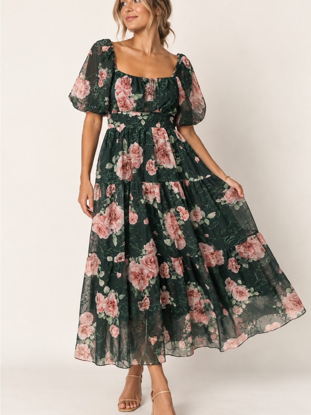 Baltic Born Annabeth Midi Dress – Dark Green + Pink Floral – Size Large NWT